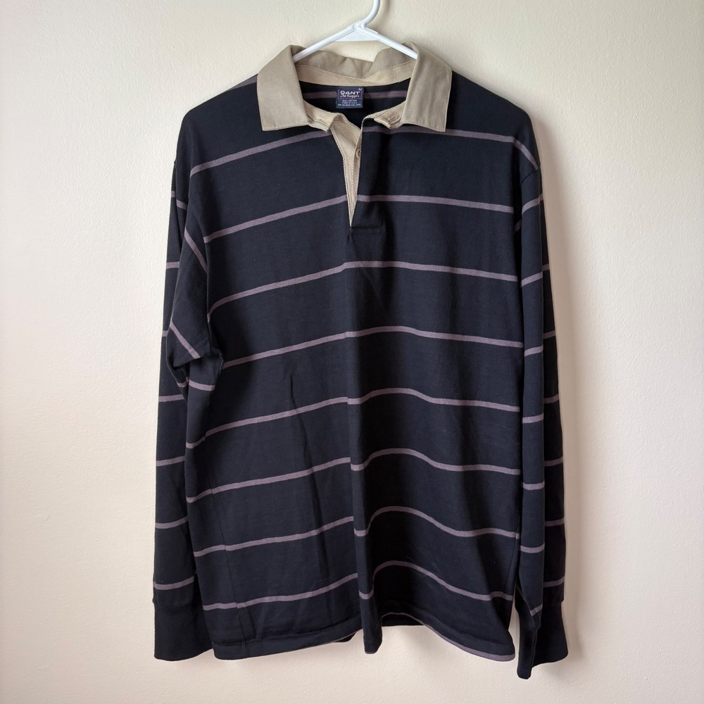 Vintage Gant Rugby Shirt Mens L Navy Striped The Rugger 90s Single Stitch USA